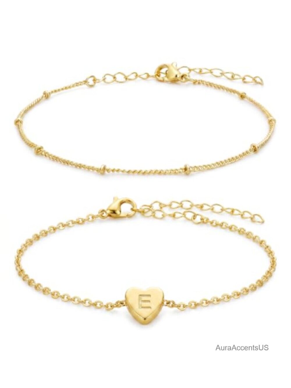 2-Piece Layered Initial Heart Bracelet Set, 14K Gold Plated, Adjustable Link